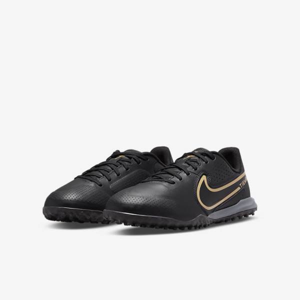 Black / Dark Grey / Metal Gold / Black Kids' Nike Jr. Tiempo Legend 9 Academy TF Older Turf Football Shoes | NK506EMQ