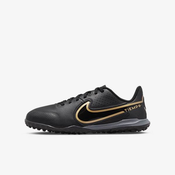 Black / Dark Grey / Metal Gold / Black Kids\' Nike Jr. Tiempo Legend 9 Academy TF Older Turf Football Shoes | NK506EMQ