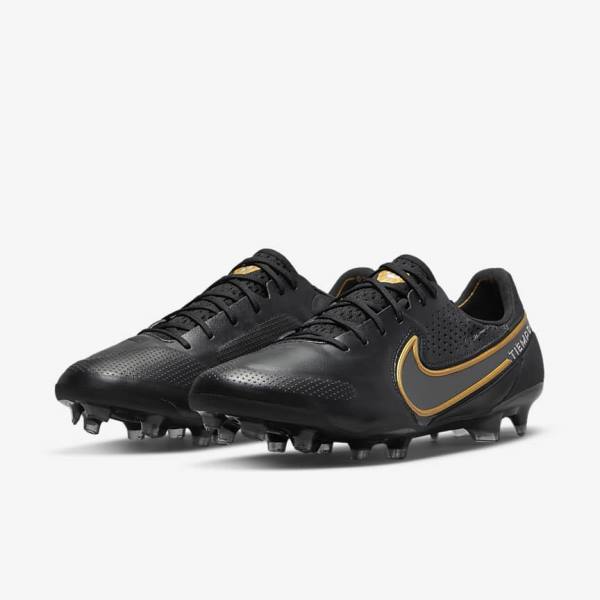 Black / Dark Grey / Metal Gold / Metal Dark Grey Men's Nike Tiempo Legend 9 Elite FG Firm-Ground Football Shoes | NK731FBM