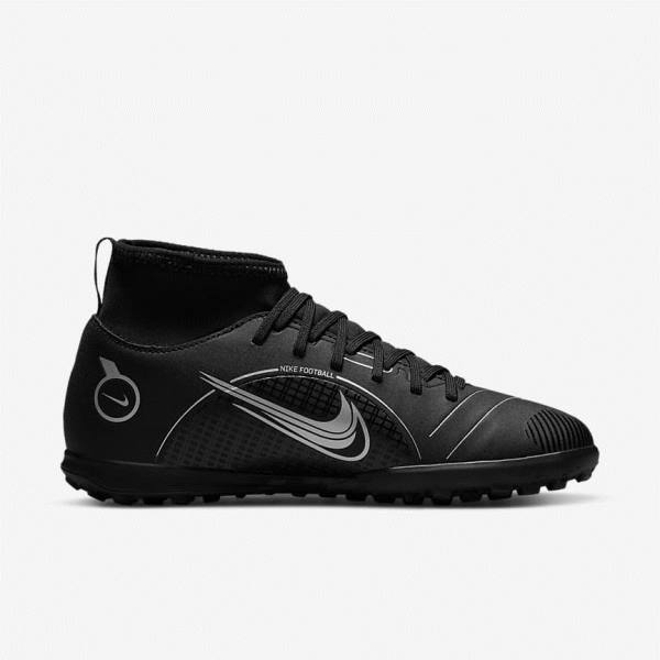 Black / Grey / Metal Silver Kids' Nike Jr. Mercurial Superfly 8 Club TF Older Turf Football Shoes | NK139TSG