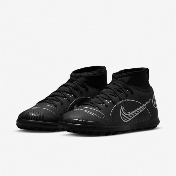 Black / Grey / Metal Silver Kids' Nike Jr. Mercurial Superfly 8 Club TF Older Turf Football Shoes | NK139TSG