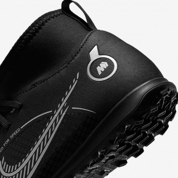 Black / Grey / Metal Silver Kids' Nike Jr. Mercurial Superfly 8 Club TF Older Turf Football Shoes | NK139TSG