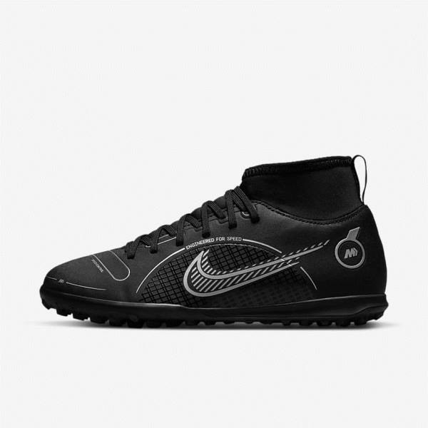 Black / Grey / Metal Silver Kids\' Nike Jr. Mercurial Superfly 8 Club TF Older Turf Football Shoes | NK139TSG