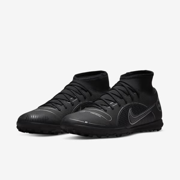 Black / Grey / Metal Silver Women's Nike Mercurial Superfly 8 Club TF Turf Football Shoes | NK351JIR