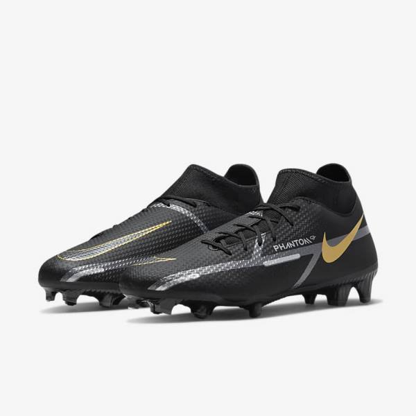 Black / Metal Gold / Dark Grey / Metal Dark Grey Men's Nike Phantom GT2 Academy Dynamic Fit MG Multi-Ground Football Shoes | NK381RHG