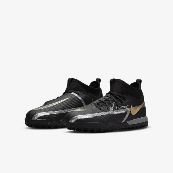 Black / Metal Gold / Dark Grey / Metal Dark Grey Kids' Nike Jr. Phantom GT2 Academy Dynamic Fit TF Older Turf Football Shoes | NK745MNK