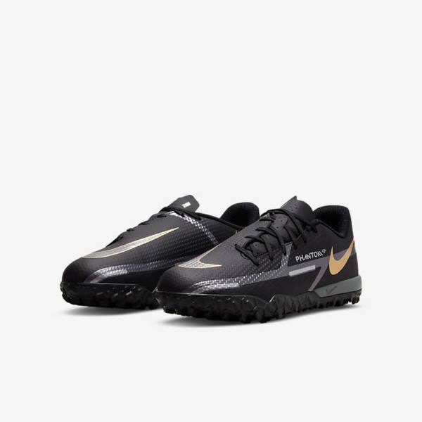 Black / Metal Gold / Dark Grey / Metal Dark Grey Kids' Nike Jr. Phantom GT2 Academy TF Older Turf Football Shoes | NK867CSX