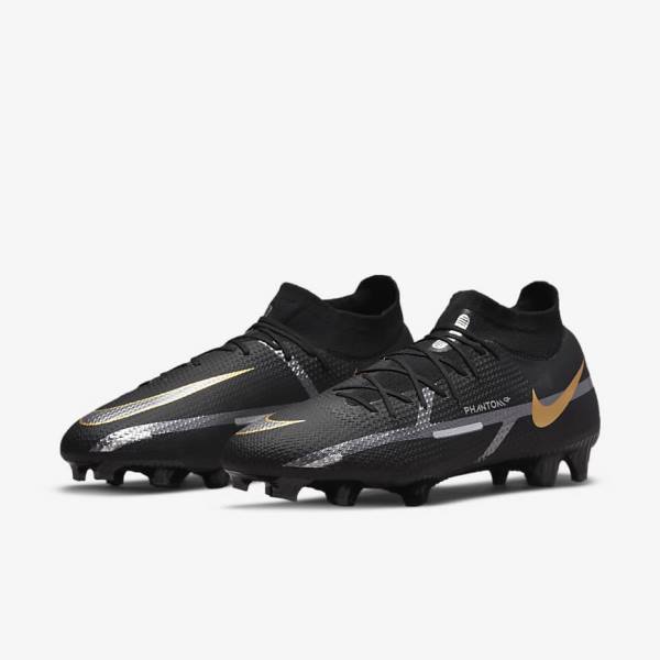 Black / Metal Gold / Metal Silver / Metal Dark Grey Men's Nike Phantom GT2 Pro Dynamic Fit FG Firm-Ground Football Shoes | NK019BPN