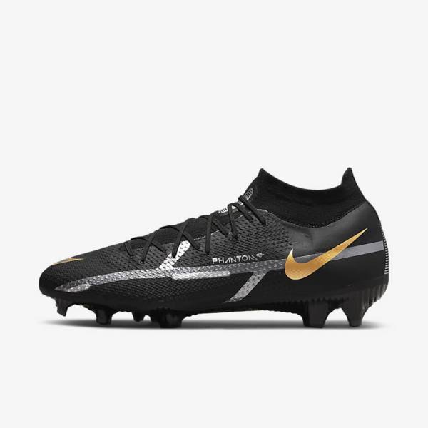 Black / Metal Gold / Metal Silver / Metal Dark Grey Men\'s Nike Phantom GT2 Pro Dynamic Fit FG Firm-Ground Football Shoes | NK019BPN