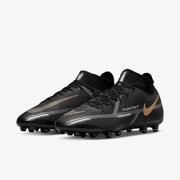 Black / Metal Gold / Metal Silver / Metal Dark Grey Women's Nike Phantom GT2 Dynamic Fit Elite AG-Pro Artificial-Grass Football Shoes | NK582ZXS