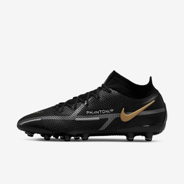 Black / Metal Gold / Metal Silver / Metal Dark Grey Women\'s Nike Phantom GT2 Dynamic Fit Elite AG-Pro Artificial-Grass Football Shoes | NK582ZXS