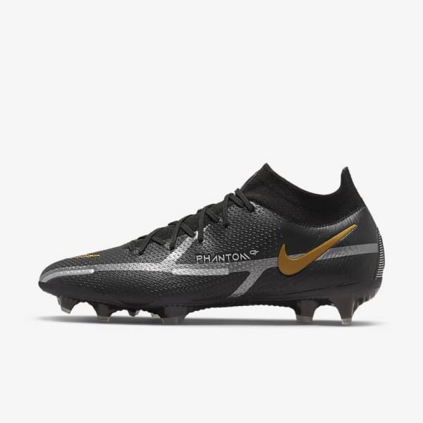 Black / Metal Gold / Metal Silver / Metal Dark Grey Men\'s Nike Phantom GT2 Dynamic Fit Elite FG Firm-Ground Football Shoes | NK628ABS