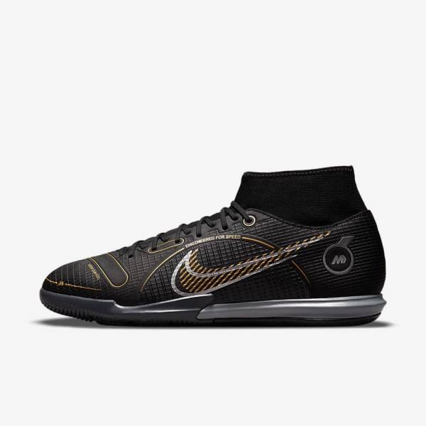 Black / Metal Silver / Grey / Metal Gold Men\'s Nike Mercurial Superfly 8 Academy IC Indoor-Court Football Shoes | NK280MFO