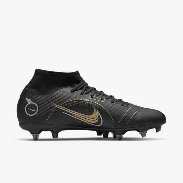 Black / Metal Silver / Grey / Metal Gold Men's Nike Mercurial Superfly 8 Academy SG-PRO Anti-Clog Traction Soft-Grounds Football Shoes | NK931AMH