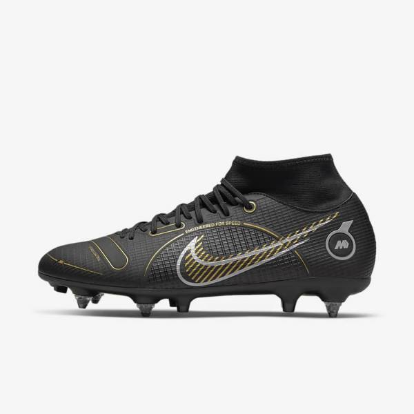 Black / Metal Silver / Grey / Metal Gold Men\'s Nike Mercurial Superfly 8 Academy SG-PRO Anti-Clog Traction Soft-Grounds Football Shoes | NK931AMH