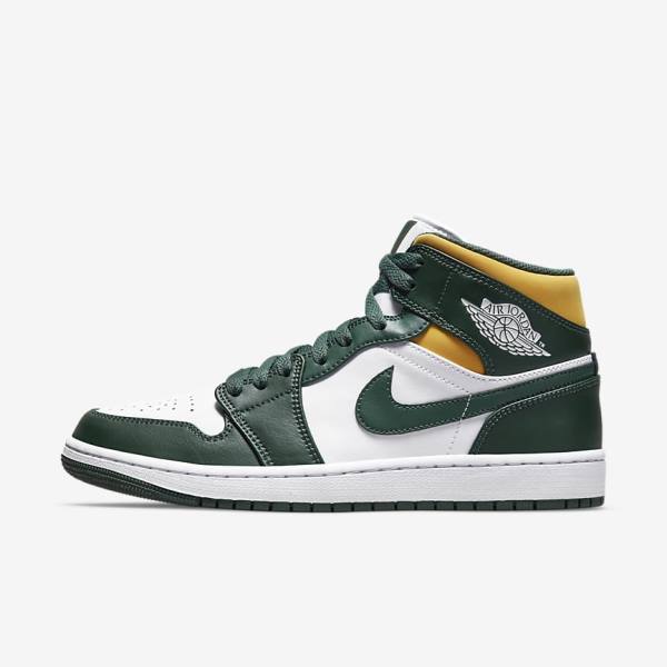 Green / White Men\'s Nike Air Jordan 1 Mid Sneakers | NK946KNP