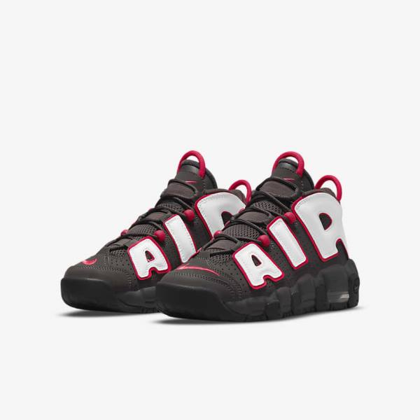 Grey / Black / Red / White Kids' Nike Air More Uptempo Older Sneakers | NK804VDF