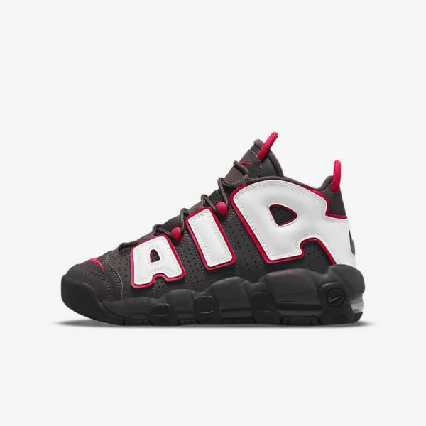 Grey / Black / Red / White Kids\' Nike Air More Uptempo Older Sneakers | NK804VDF