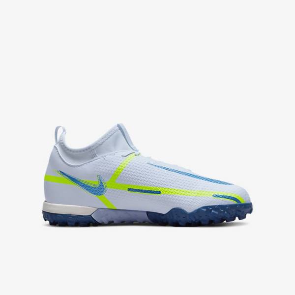 Grey / Light Blue / Dark Blue Kids' Nike Jr. Phantom GT2 Academy Dynamic Fit TF Older Turf Football Shoes | NK486UAK