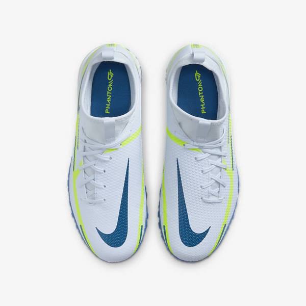 Grey / Light Blue / Dark Blue Kids' Nike Jr. Phantom GT2 Academy Dynamic Fit TF Older Turf Football Shoes | NK486UAK