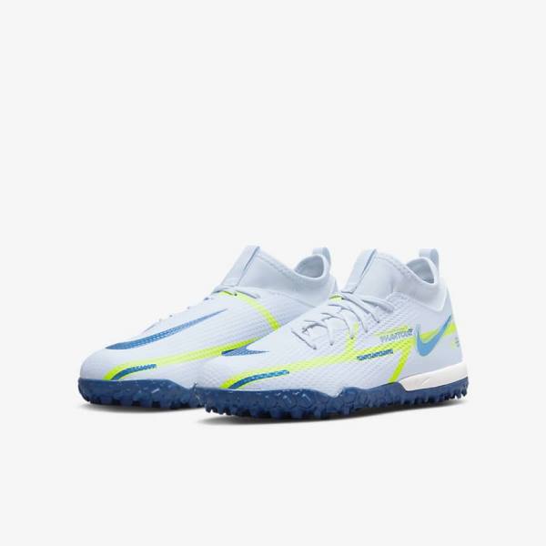 Grey / Light Blue / Dark Blue Kids' Nike Jr. Phantom GT2 Academy Dynamic Fit TF Older Turf Football Shoes | NK486UAK