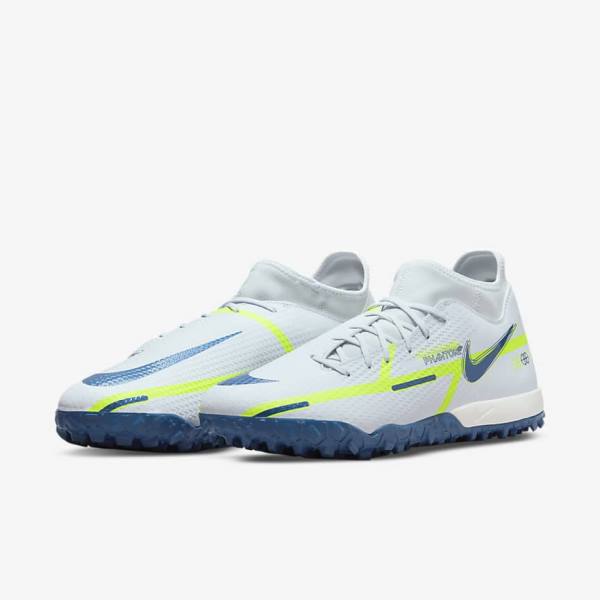 Grey / Light Blue / Dark Blue Men's Nike Phantom GT2 Academy Dynamic Fit TF Turf Football Shoes | NK632NTS