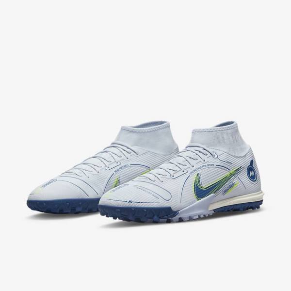 Grey / Light Blue / Dark Blue Men's Nike Mercurial Superfly 8 Academy TF Turf Football Shoes | NK735PDO