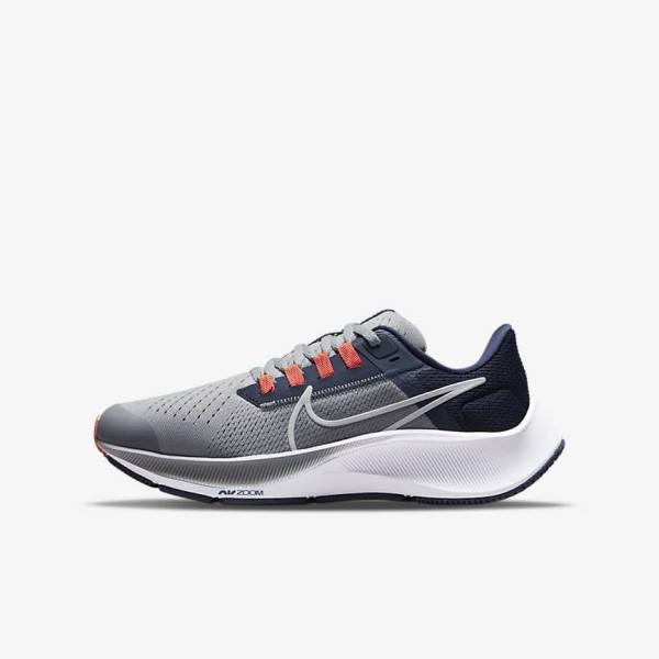 Grey / Navy / Orange / White Kids\' Nike Air Zoom Pegasus 38 Older Road Running Shoes | NK792BUD