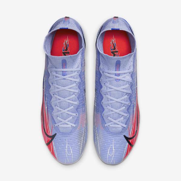 Indigo / Light Red / Metal Silver Men's Nike Mercurial Superfly 8 Elite KM AG Artificial-Grass Football Shoes | NK074MOC