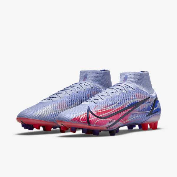 Indigo / Light Red / Metal Silver Men's Nike Mercurial Superfly 8 Elite KM AG Artificial-Grass Football Shoes | NK074MOC