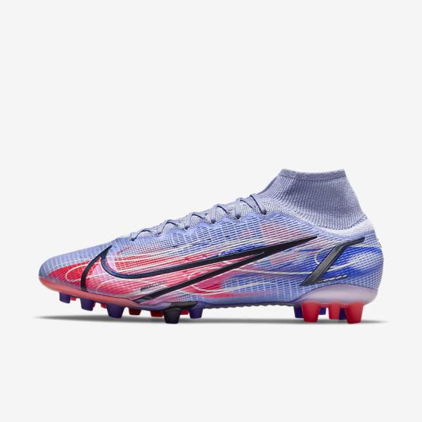 Indigo / Light Red / Metal Silver Men\'s Nike Mercurial Superfly 8 Elite KM AG Artificial-Grass Football Shoes | NK074MOC