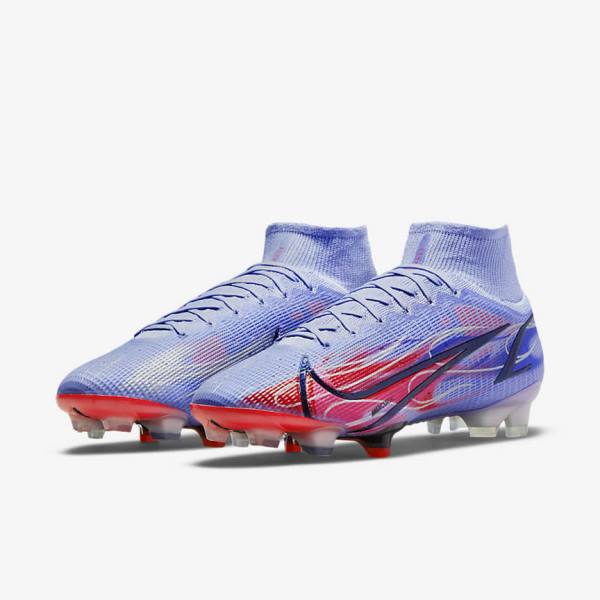 Indigo / Light Red / Metal Silver Men's Nike Mercurial Superfly 8 Elite KM FG Firm-Ground Football Shoes | NK843EKW