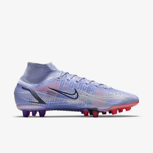 Indigo / Light Red / Metal Silver Women's Nike Mercurial Superfly 8 Elite KM AG Artificial-Grass Football Shoes | NK281BKZ