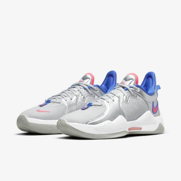 Metal Silver / Royal / Red Men's Nike PG 5 Basketball Shoes | NK192FWL