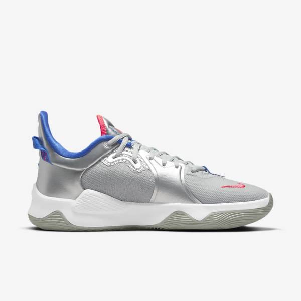 Metal Silver / Royal / Red Women's Nike PG 5 Basketball Shoes | NK458DQZ