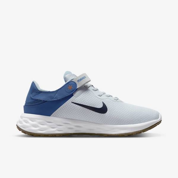 Platinum / Dark Blue / Blue Men's Nike Revolution 6 FlyEase Next Nature Easy-On-And-Off Road (Extra Wide) Running Shoes | NK283JBF