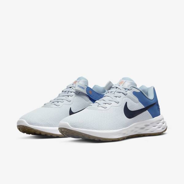 Platinum / Dark Blue / Blue Men's Nike Revolution 6 FlyEase Next Nature Easy-On-And-Off Road (Extra Wide) Running Shoes | NK283JBF