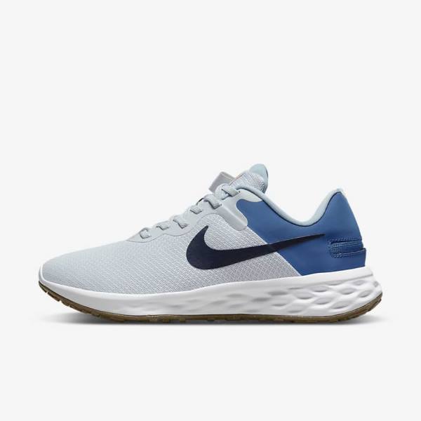 Platinum / Dark Blue / Blue Men\'s Nike Revolution 6 FlyEase Next Nature Easy-On-And-Off Road (Extra Wide) Running Shoes | NK283JBF