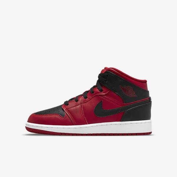 Red / White / Black Kids\' Nike Air Jordan 1 Mid Older Sneakers | NK176PZN