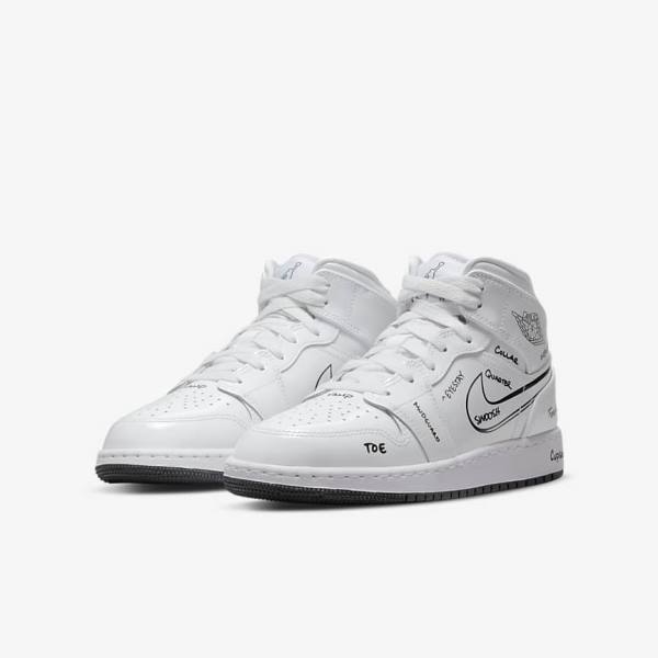 White / Black Kids' Nike Air Jordan 1 Mid Older Jordan Shoes | NK782PST