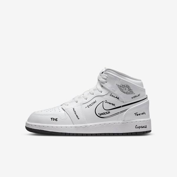 White / Black Kids\' Nike Air Jordan 1 Mid Older Jordan Shoes | NK782PST