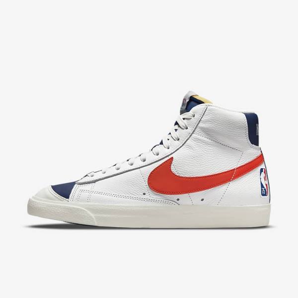 White / Blue / Orange Men\'s Nike Blazer Mid 77 EMB Sneakers | NK632MHX