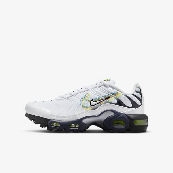 White / Grey / Blue Kids\' Nike Air Max Plus Older Sneakers | NK735QMT