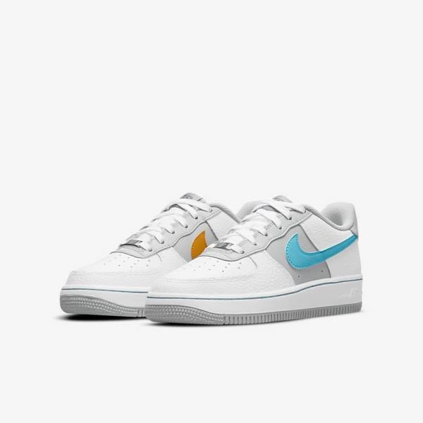 White / Grey / Turquoise Blue Kids' Nike Air Force 1 EMB Older Sneakers | NK805REF