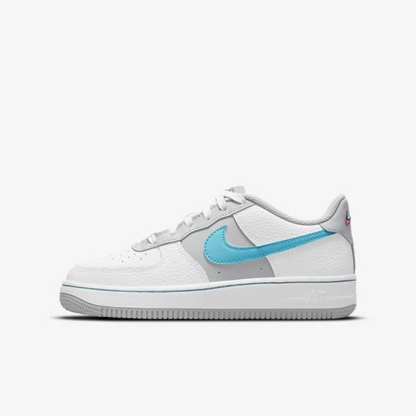 White / Grey / Turquoise Blue Kids\' Nike Air Force 1 EMB Older Sneakers | NK805REF