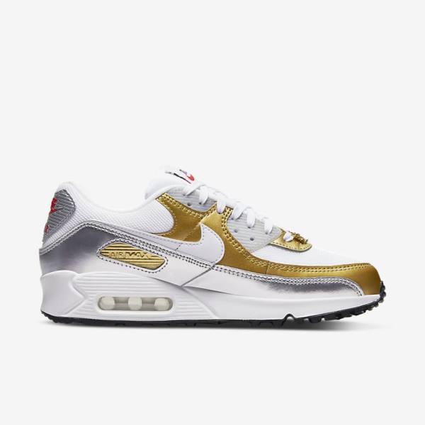 White / Metal Gold / Metal Silver / White Women's Nike Air Max 90 SE Sneakers | NK750MKS