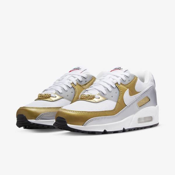 White / Metal Gold / Metal Silver / White Women's Nike Air Max 90 SE Sneakers | NK750MKS