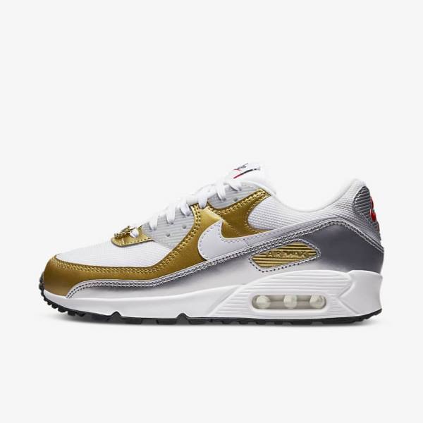 White / Metal Gold / Metal Silver / White Women\'s Nike Air Max 90 SE Sneakers | NK750MKS