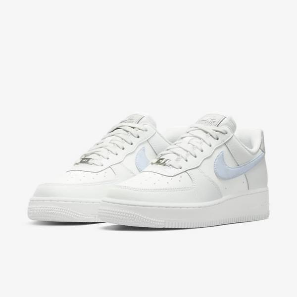 White / Metal Silver / Light Blue Women's Nike Air Force 1 07 Sneakers | NK045ZTN