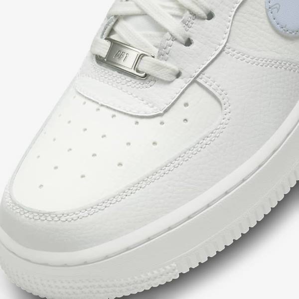 White / Metal Silver / Light Blue Women's Nike Air Force 1 07 Sneakers | NK045ZTN